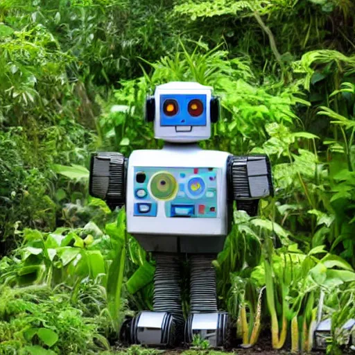 Image similar to robot made of plants in the jungle