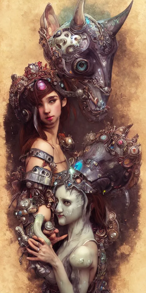 Image similar to hyper realistic Princess Mononoke attacking luminescent ghost, ornate mask, wet market street, cyberpunk metropolis, city landscape, jewels, full body pose, full moon, style of tom bagshaw, mucha, james gurney, norman rockwell, denoised, sharp