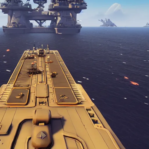 Prompt: Gameplay screenshot of an aircraft carrier!!! in Sea of Thieves!!!, Unreal Engine