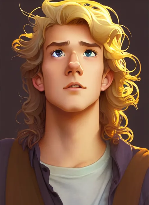 Prompt: young man with medium - length, curly, golden hair, aquamarine eyes, natural lighting, path traced, highly detailed, high quality, cartoon, digital painting, by don bluth and ross tran and studio ghibli and alphonse mucha