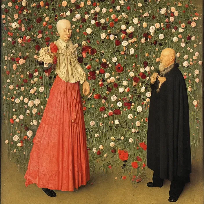 Image similar to a bird made of flowers, standing next to a creepy old man, by Jan van Eyck