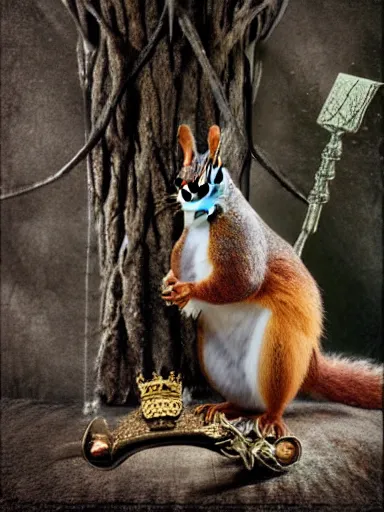 Image similar to a squirrel as king arthur, extremely plump, wearing crown of acorns and dandelions, servant squirrels, king arthur's court, game of thrones, sitting on throne, extreme wide shot, low angle, palace, fantasy art, cinematic lighting, realistic, sony 2 4 mm f 8. 0