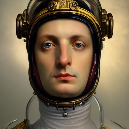 Prompt: portrait of divine emperor napoleon bonaparte, astronaut, glass visor, oxygen canula, handsome, tall, dieselpunk steampunk napoleonic french baroque, metal shoulder pauldrons, intricate, highly detailed, digital painting, artstation, concept art, sharp focus, cinematic lighting, illustration, art by artgerm and greg rutkowski, alphonse mucha, cgsociety