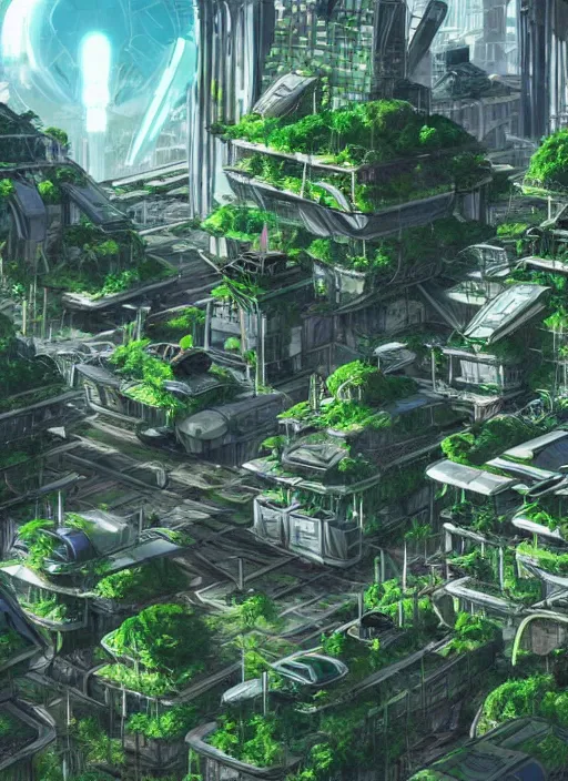 Image similar to solarpunk futuristic city which has been abandoned and overgrown by a forest, hyperdetailed, maximalist composition, by studio ghibli and my hero academia, cel shaded, ambient occlusion