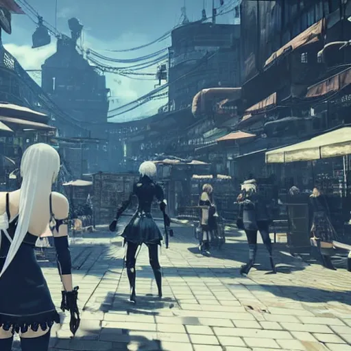 Image similar to Screenshot from Nier Automata in a bustling market