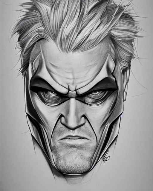 Prompt: a hyperrealistic portrait pencil sketch from a picture, of Gary Busey dressed as Batman by Peter Mohrbacher, technical drawing, blueprint diagram, trending on artstation