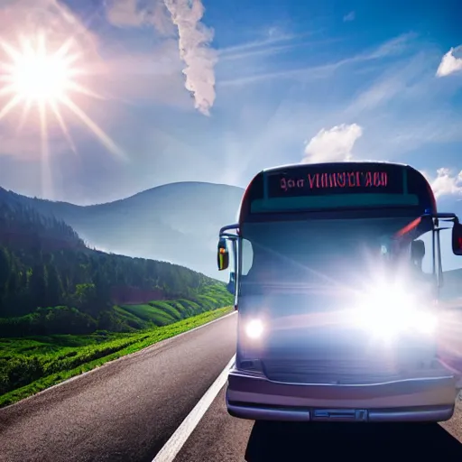 Image similar to very creative livery on big commercial bus on misty highway scene, the sun shining through the moutains