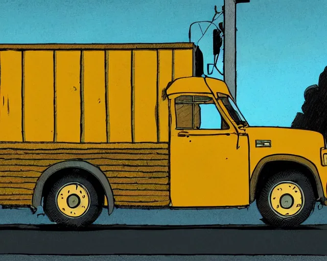 Image similar to a study of cell shaded cartoon of a yellow truck on a country road, street lamps, road, illustration, wide shot, subtle colors, post grunge, concept art by josan gonzales and wlop, by james jean, Victo ngai, David Rubín, Mike Mignola, Laurie Greasley, highly detailed, sharp focus, alien, Trending on Artstation, HQ, deviantart, art by artgem