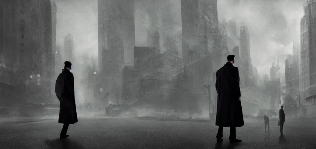 Prompt: man in black trench coat smoking a cigarete spying on a man dressed in a suit, noir, concept, cinematic shot, dark city in background, dark background, half-life, dark smoke in distance, realism, medium details, blurry, 8k, ArtStation, unreal, art by zhu liu