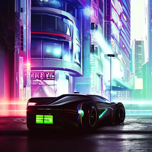 Image similar to futuristic sport car in a cyberpunk street, realistic, high details, rain, night, 4k