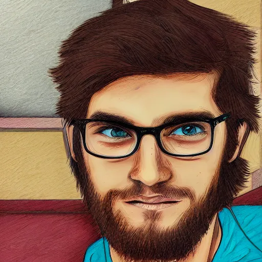 Image similar to a head - on highly detailed matte comic - style colorful portrait of a 2 0 - something engineering student, brown messy hair, by laurie greasly