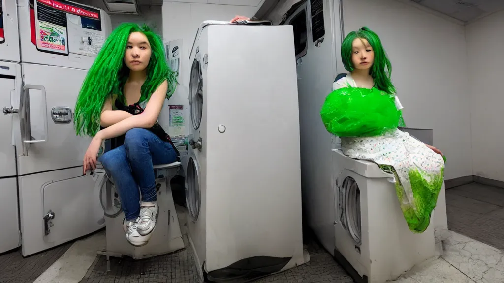 Prompt: a girl with green hair sitting on top of a washing machine in a laundromat in the style of Tsuguharu Fujita