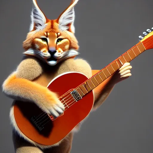 Image similar to cute fluffy caracal playing fluffy guitar, fully detailed, high quality , 4k , octane render , soft light , masterpiece