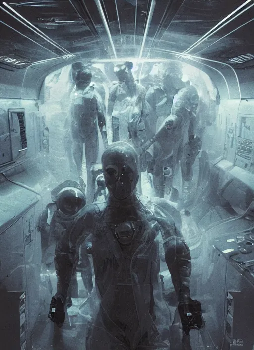 Image similar to astronauts in dark and empty void underwater - complex and hyperdetailed technical suit. reflection and dispersion materials. rays and dispersion of light. volumetric light. 5 0 mm, f / 3 2. noise film photo. flash photography. ultra realistic, wide angle. poster by wayne barlowe, hajime sorayama aaron horkey, craig mullins