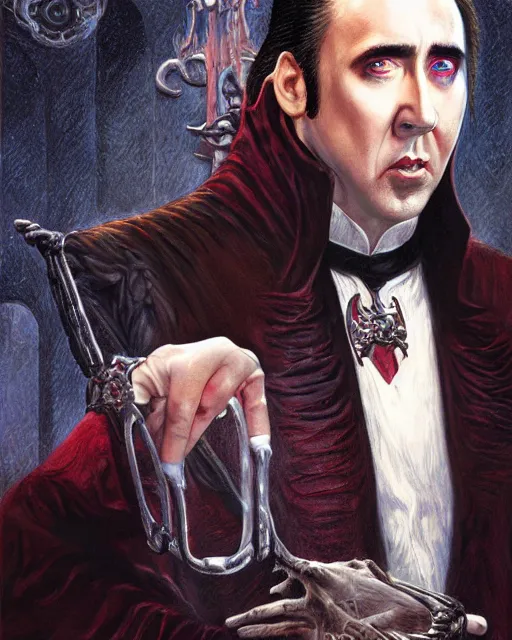 Image similar to nicolas cage as dracula, highly detailed, centered, artstation, concept art, smooth, sharp focus, illustration, bokeh art by artgerm and donato giancola and joseph christian leyendecker