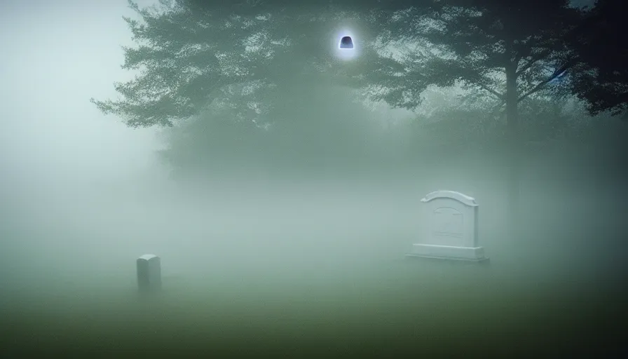 Image similar to a photograph of a translucent ghost floating above a cemetary by a beach, ethereal, foggy, scary ghost, muted colors, landscape