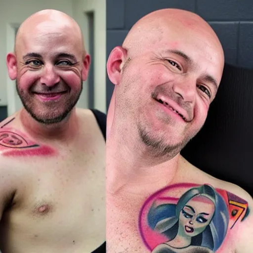 Prompt: a joyous bald man with a tattoo of a pink - haired goddess on his chest