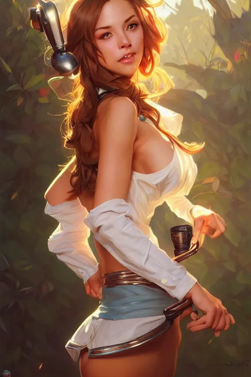 Image similar to clear portrait of a attractive hooters waitress, cottagecore!!, background hyper detailed, character concept, full body, dynamic pose, intricate, elegant, highly detailed, digital painting, artstation, concept art, smooth, sharp focus, illustration, art by artgerm and greg rutkowski and alphonse mucha