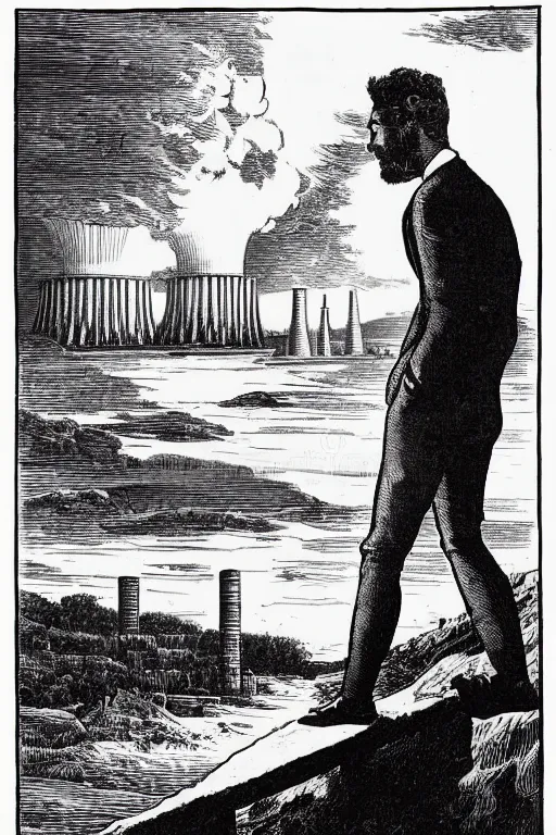 Prompt: 19th century wood-engraving of a man looking at a nuclear powerplant in the background, whole page illustration from Jules Verne book, art by Édouard Riou Jules Férat and Henri de Montaut, high quality, beautiful, removed watermarks