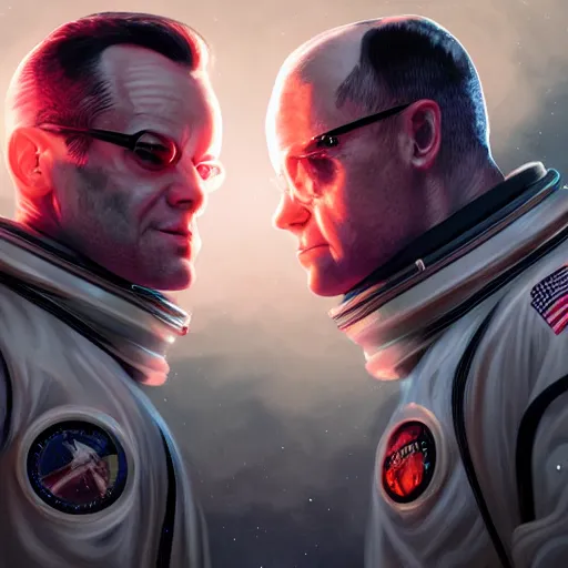 Image similar to A hyper real comic book style portait painting of Neo and agent Smith on the moon in astronaut suits, unreal 5, hyperrealistic, octane render, cosplay, RPG portrait, dynamic lighting