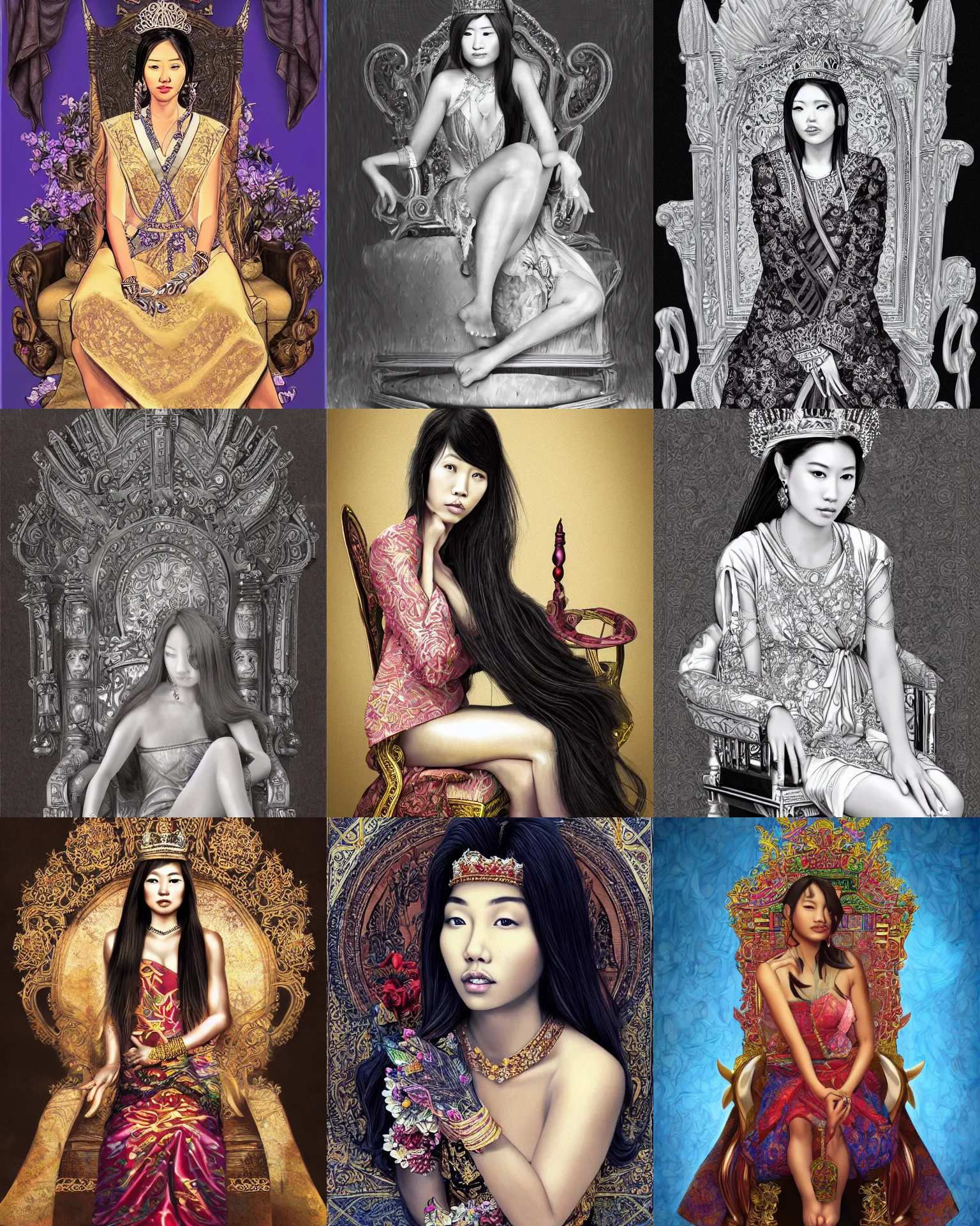 Prompt: beautiful asian queen with shoulder length hair, sitting on her throne, digital art by tara phillips, hyper detailed, hyperrealism, fine line art, dynamic lighting