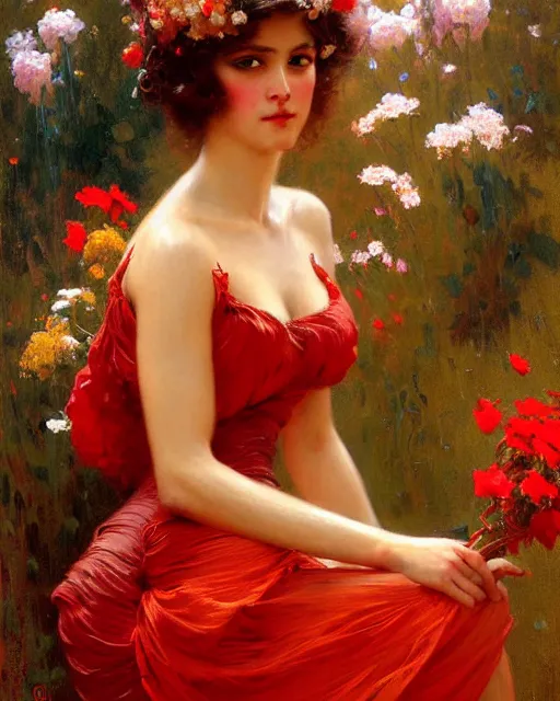 Prompt: an attractive girl wearing a red dress and surrounded by flowers. highly detailed painting by gaston bussiere, craig mullins, j. c. leyendecker 8 k