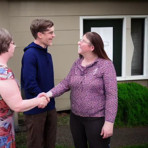 Prompt: jerma985 shaking hands with Cathy Mitchell, wide shot, 4k, professional photography, detailed