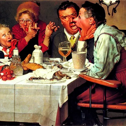Image similar to a man yelling at his mother during a family christmas dinner by norman rockwell