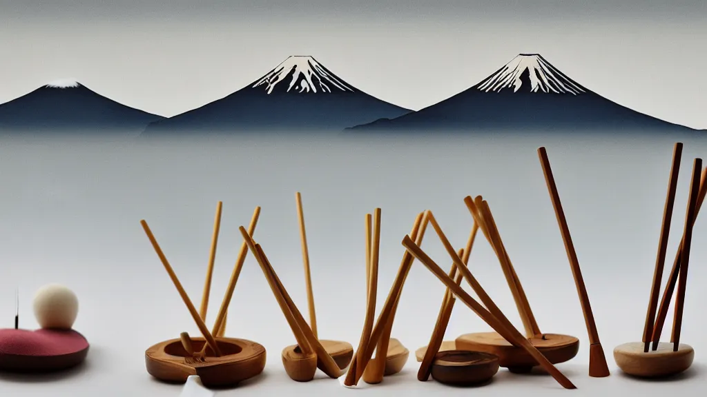 Prompt: a variety of handmade wooden chopsticks, avant - garde design, at the edge of yamanaka lake reflecting mount fuji overcast sky, a collage painting, in the style of wes anderson, lola dupre, david hockney, isolated on negative white space background dark monochrome neon spraypaint accents volumetric octane render