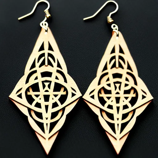 Prompt: 2 d wood lasercut earrings, mystical symbols, 8 k, hd, trending on amazon on artstation, trending on deviantart, trending on etsy, epic digital art