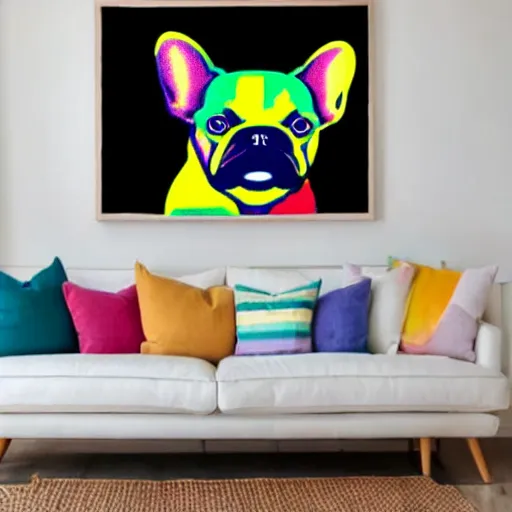 Prompt: rainbow excited smiling french bulldog puppy. pop art.