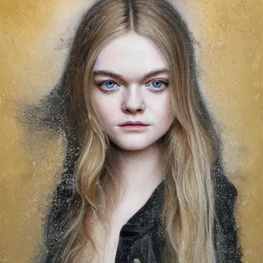 Image similar to professional painting of Elle Fanning in the style of Yoann Lossel, head and shoulders portrait, symmetrical facial features, smooth, sharp focus, illustration, intricate, stormy weather, extremely detailed masterpiece,