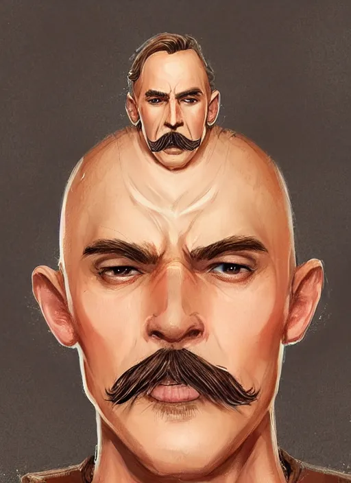 Image similar to young man with short white combover hair and moustache, dndbeyond, bright, colourful, realistic, dnd character portrait, full body, pathfinder, pinterest, art by ralph horsley, dnd, rpg, lotr game design fanart by concept art, behance hd, artstation, deviantart, hdr render in unreal engine 5