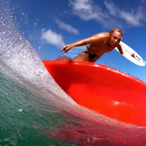 Prompt: a surfer surfing on a large wave of ketchup, through a sea made of ketchup, on a dunny day, 8 k, wide angle photography