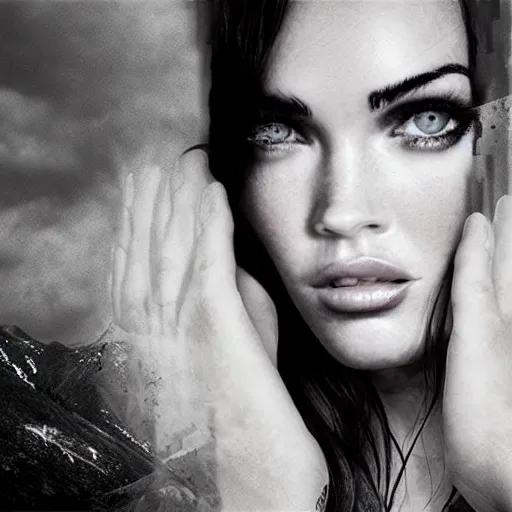 Image similar to double - exposure effect of megan fox face in beautiful mountains, in the style of dan mountford, amazing detail, black and white