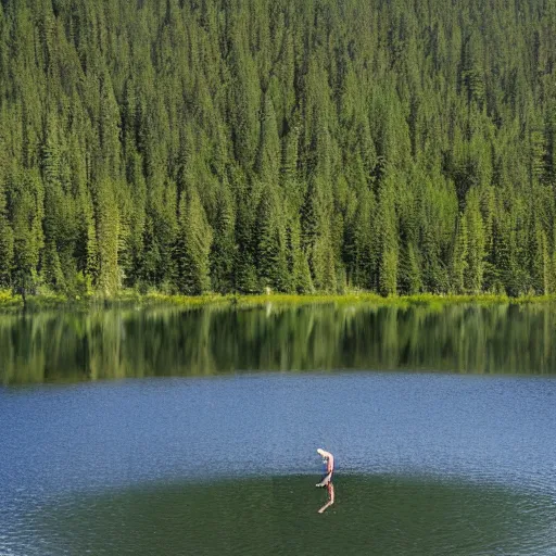 Image similar to Mysty lake, single human floating in the lake in the distance, dark