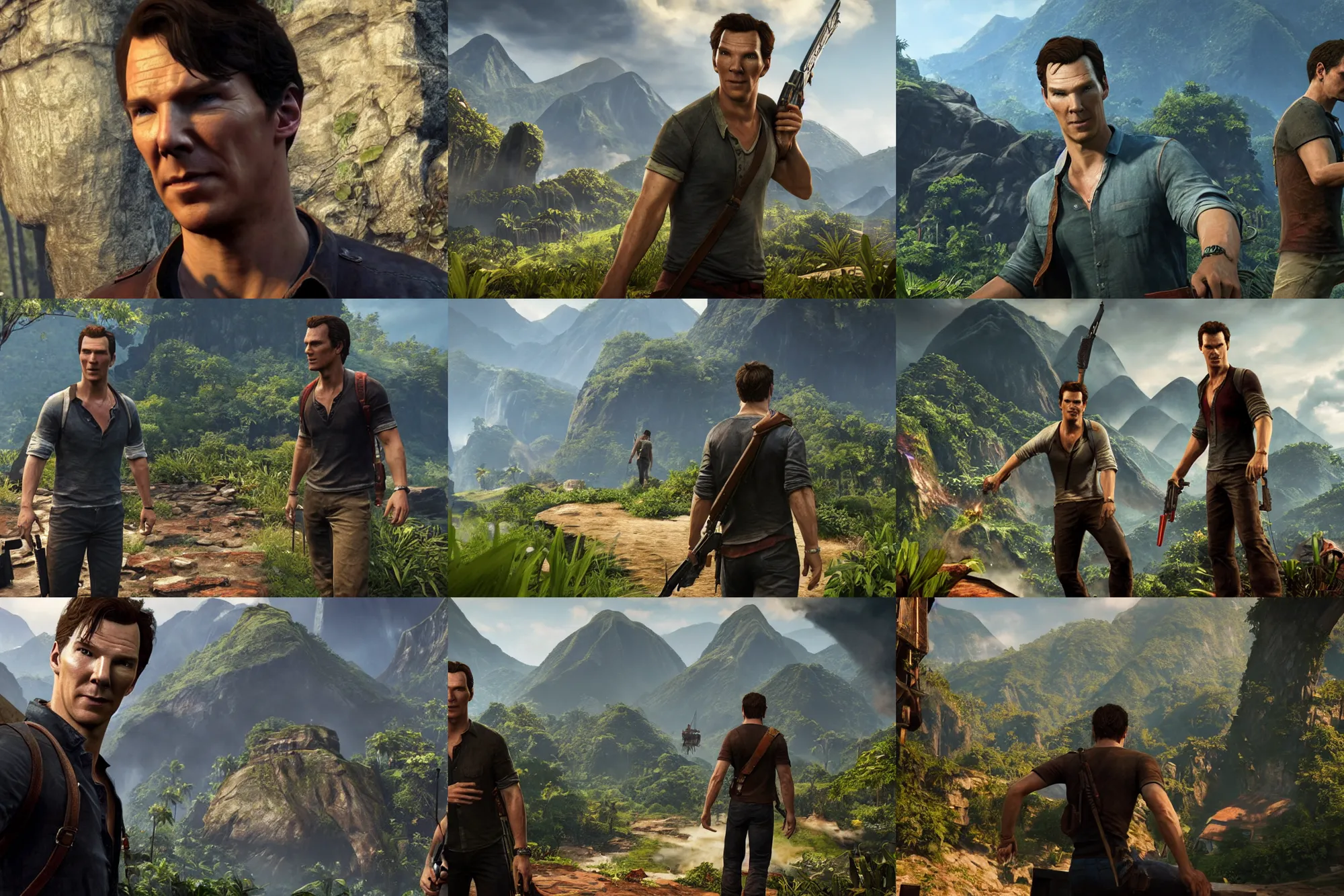 Prompt: a promotional gameplay screenshot of benedict cumberbatch in the video game uncharted 4. 3 d rendering. unreal engine. very detailed