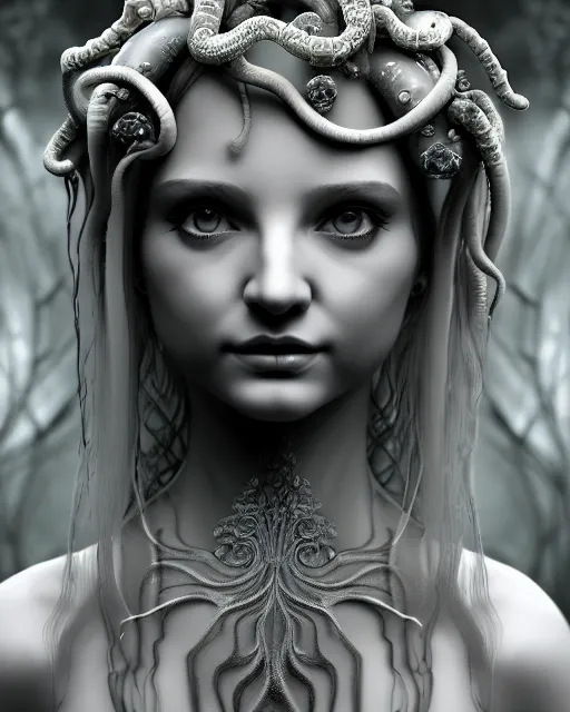 Image similar to mythical dreamy underwater artistic black and white 3 d render of a translucent beautiful young female angelic - medusa - vegetal - doll, highly detailed, intricate crystal ivy jelly ornate, poetic, translucent algae ornate, digital art, octane render, 8 k artistic photography, photo - realistic, hg giger flora borsi