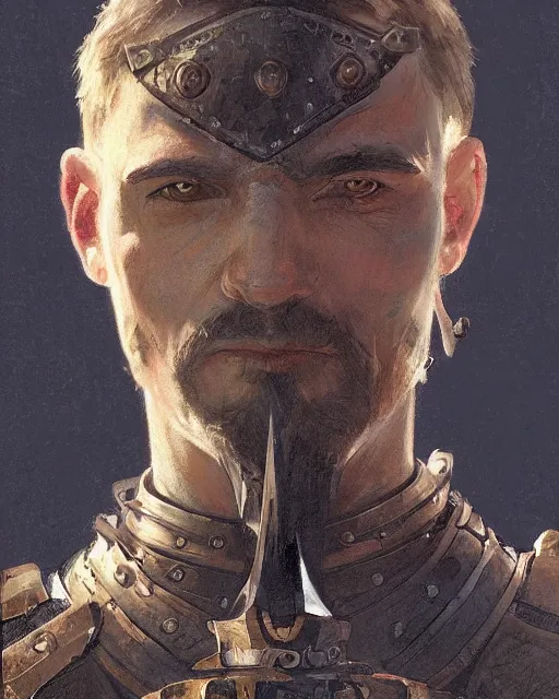 Image similar to '' Face portrait of a rugged adventurer with a leather armor holding a big sword getting ready for battle, d&d, fantasy, high detail, digital painting, artstation, concept art, sharp focus, illustration, art by greg rutkowski and alphonse mucha ''