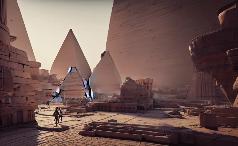 Image similar to inside an ancient egyptian inspired futuristic kingdom city with people walking around, highly detailed, 8 k, hdr, award - winning, octane render, artstation