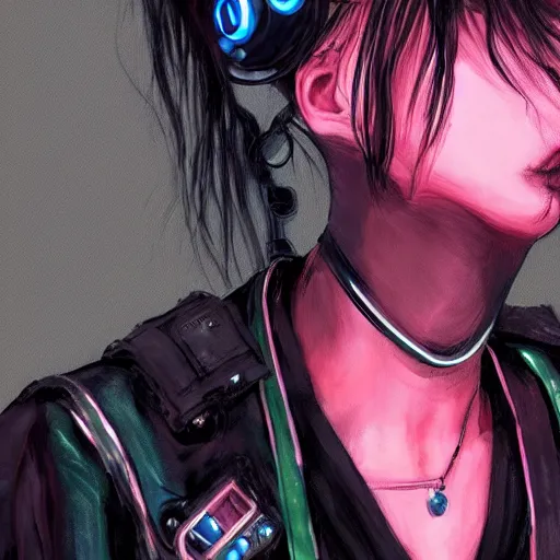 Image similar to detailed realistic cyberpunk female character cyberpunk wearing large steel collar around neck, realistic, art, beautiful, 4K, collar, choker, collar around neck, punk, artstation, detailed, female, woman, choker, cyberpunk, neon, punk, collar, choker, collar around neck, thick collar, choker around neck, wearing choker, wearing collar, bright neon punk hair, collar, choker,