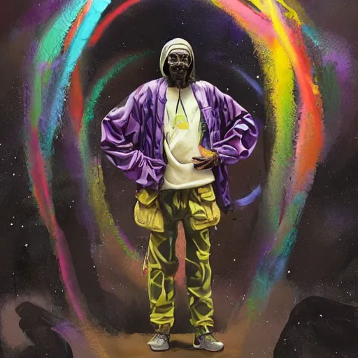 Prompt: a full body sci-fi portrait, oil painting, illustration of Snoop Dog as an old African Jedi, techwear, colourful, by Justin Sweet and Greg Rutkowski and Alphones Much