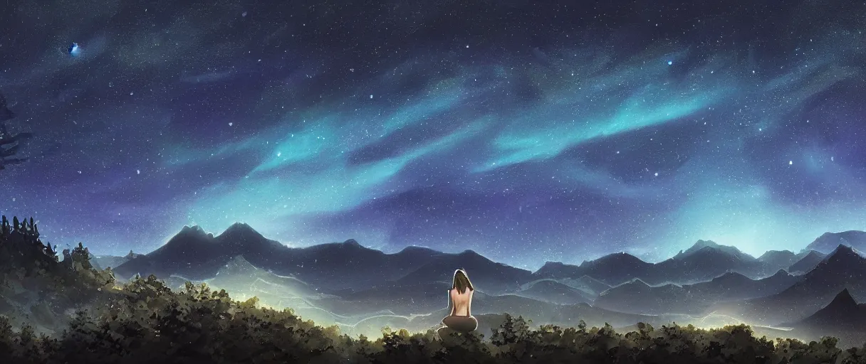 Image similar to digital painting of a ultra detailed night sky with constellations, detailed very beautiful girl swimming in a blue pool, Perseides meteor shower, ultra detailed hill top over behind a forest, large mountains in back, concept art, low angle, high detail, warm lighting, volumetric, godrays, vivid, beautiful, trending on artstation, by Jordan Grimmer, no focus, huge scene, ultra detailed trees, F11 aperture, in the style of JIM RICHARDSON