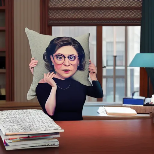 Image similar to rachel bloom as a lady boss crying into a ruth bader ginsberg pillow in her office, ultra detailed, 8 k resolution, ultrarealistic