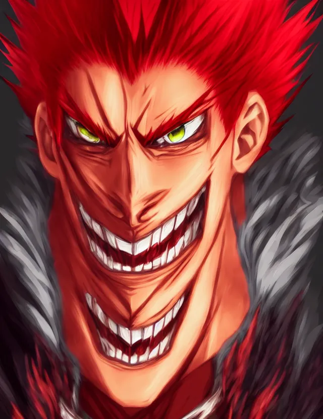 Image similar to a detailed manga portrait of a menacing tall boy with spiked crimson hair and an evil grin in fiery crimson crystalline armour, trending on artstation, digital art, 4 k resolution, detailed, high quality, sharp focus, hq artwork, coherent, insane detail, character portrait