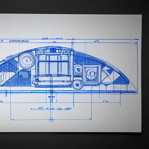 Prompt: blueprint of spaceship, technical drawing on blue paper, centered, studio lighting, 8 k