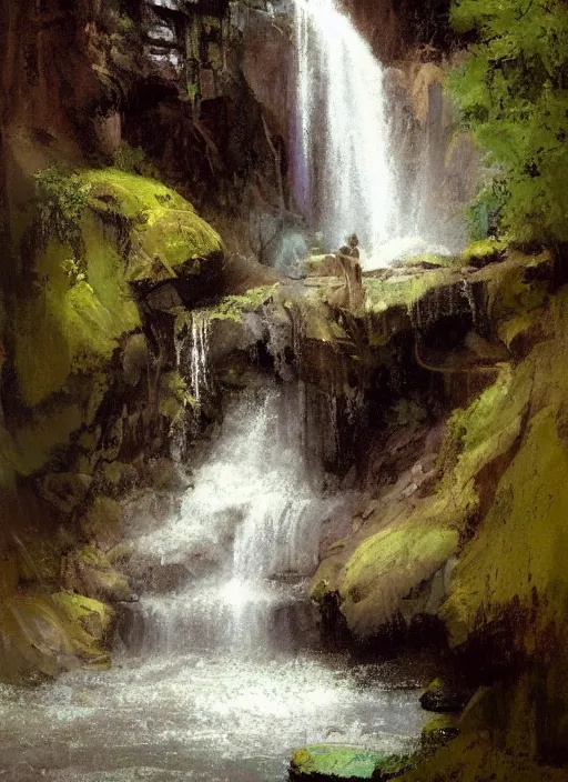 Prompt: painting of a goddess showering in a waterfall, veiled in mist, with her robes folded and set on a rock in the foreground, detailed, stylized, loose brush strokes, pastel colors, blue and green hues, by Jeremy Mann, intricate, beautiful