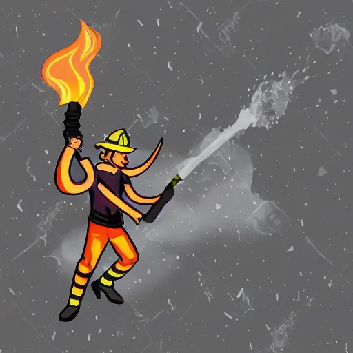 Image similar to Crazy Tiefling with a torch. Firefighters extinguish the fire. Fantasy