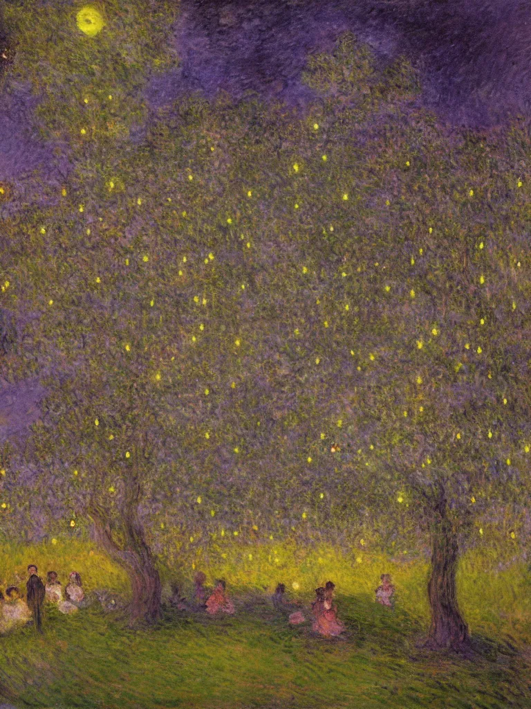 Prompt: gauzy impressionist painting of my backyard in the dark evening with an old apple tree with people! dancing in the moonlight and many fireflies, dark purplish cast, color oil painting by claude monet and piet mondrian, cosmic trending on artstation 8 k