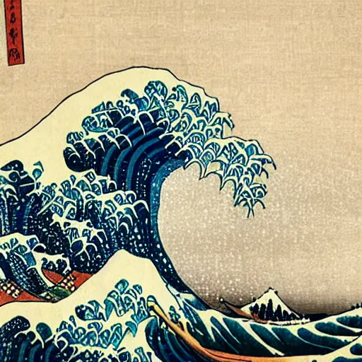 Prompt: ocean waves and mountains, Ukiyo-e style by Katsushika Hokusai